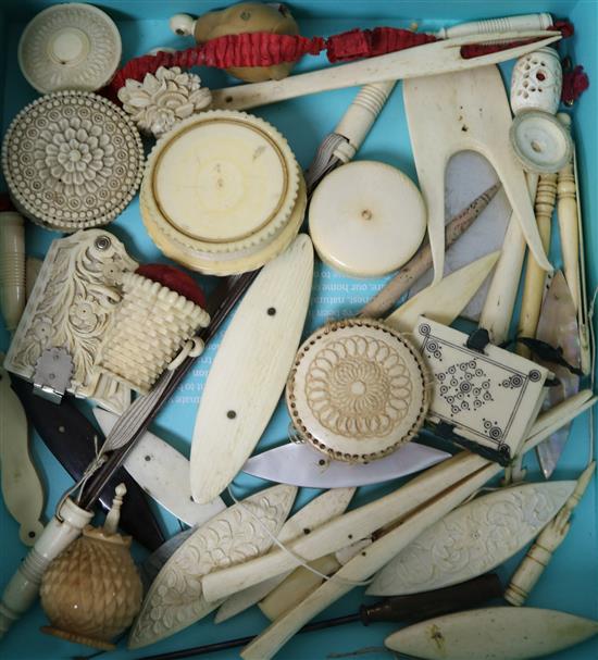 A Collection of 19th century carved ivory and other sewing items including shuttles, pin boxes, needle cases etc